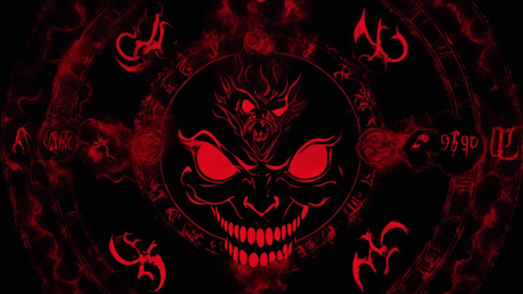 Демонические знаки Изображение с демоническими знаками и лицом с красными глазами на черном фоне.
