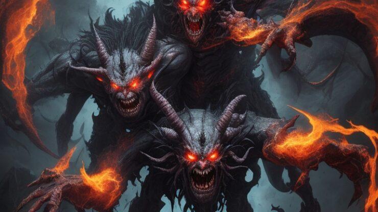 Демоны и бесы. Кто они? Изображение трехголового демона с красными глазами и огненными элементами вокруг.