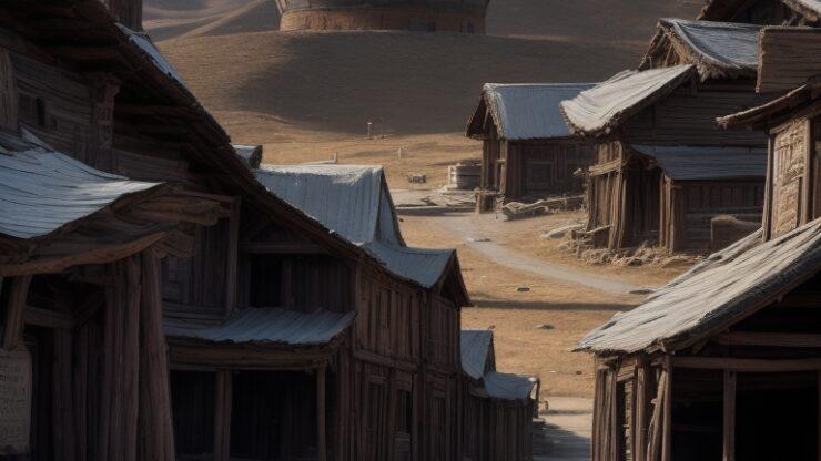 Город призрак Заброшенный город с деревянными домами и высокой башней на фоне гор.