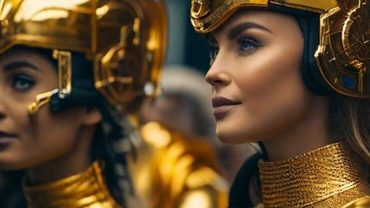 Гости из будущего Две женщины в золотых костюмах и шлемах, стоящие рядом на мероприятии.