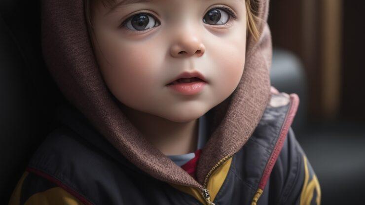 Как уберечь ребенка от неприятностей Портрет маленького ребенка с большими глазами в капюшоне, одетого в куртку с ярким дизайном, на фоне мягкого света.