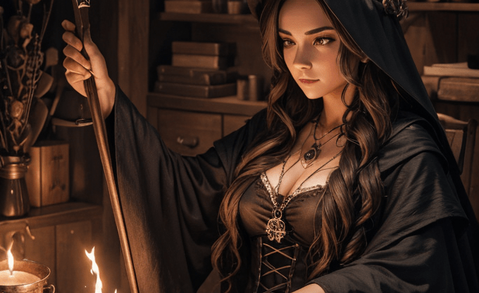 Колдовские инструменты ведьм Ведьма в черной мантии с магическими инструментами, сидящая за столом с огнем и различными предметами.