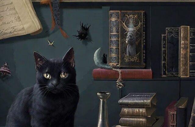 Колдовство и кошки Чёрная кошка сидит на полке с книгами и предметами декора в тёмных тонах.