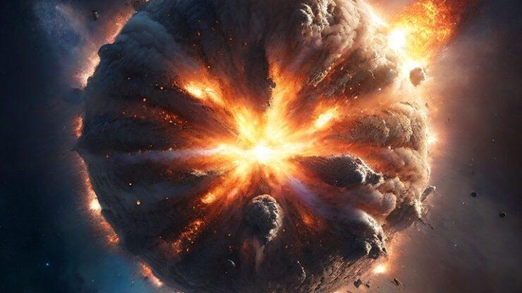 Конец света - Большой взрыв Изображение взрыва в космосе с яркими огненными облаками над планетой Земля.