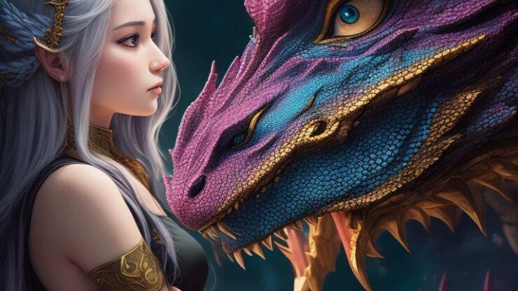 Легенда о драконе и девочке Девушка с длинными светлыми волосами смотрит на дракона с фиолетовой чешуей и золотыми деталями.