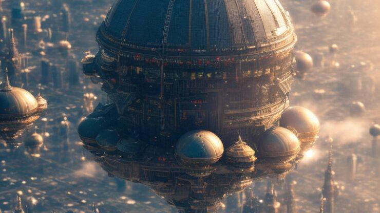 Летающие города Летающий город с крупным куполом и множеством зданий в футуристическом стиле.