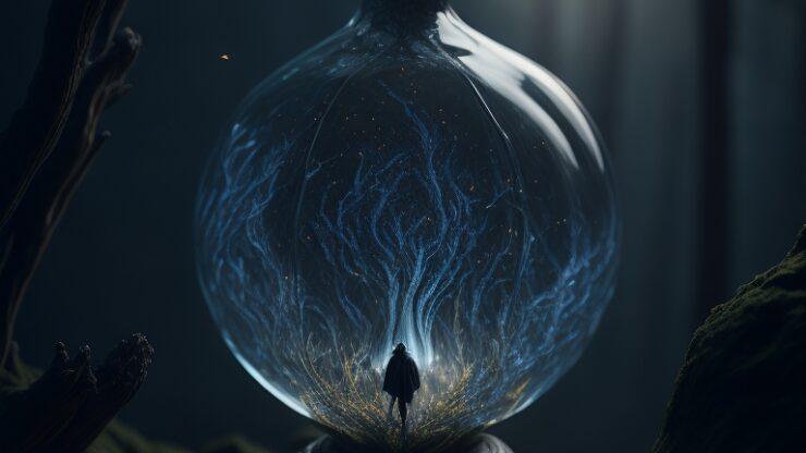 Мистические совпадения Стеклянный колокол с изображением фигуры и светящимися элементами внутри на фоне леса.