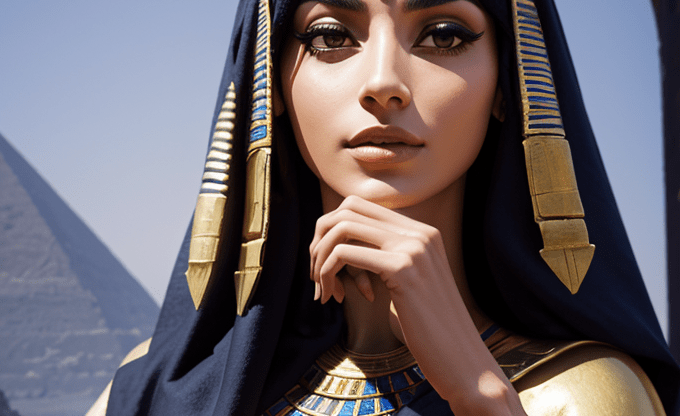 Статуя Нефертити с золотой короной и синим одеянием на фоне пирамид. Статуя Нефертити с золотой короной и синим одеянием на фоне пирамид.
