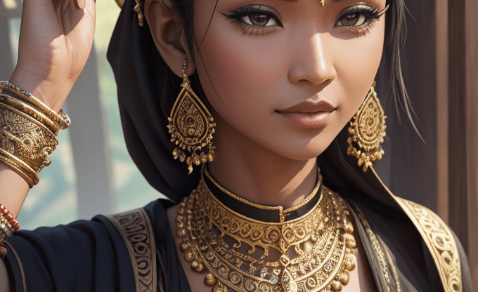 Загадочная шамбала Женщина в восточном наряде с золотыми украшениями и сложной прической.