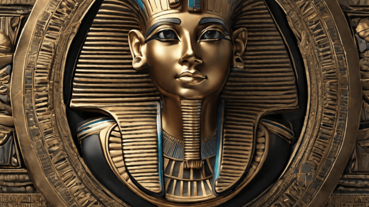 Тайны Египетских пирамид Скульптура фараона с золотыми деталями и иероглифами на фоне.