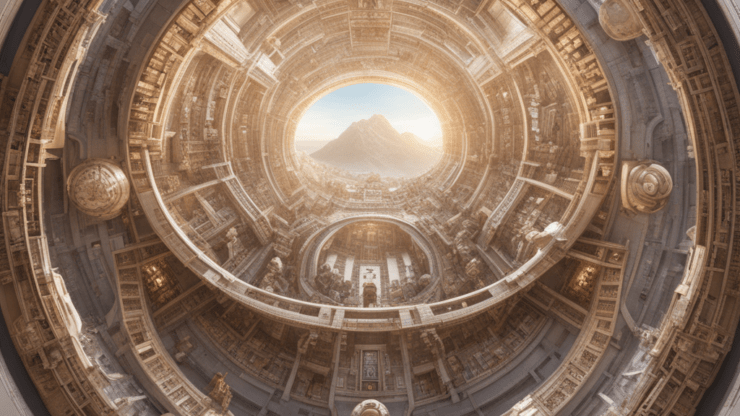 Внутри нашей планеты другая цивилизация Изображение внутренней структуры Земли с архитектурными элементами и горным пейзажем в центре.