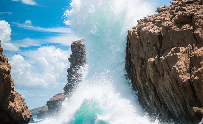 Водный мир Волна разбивается о скалы, создавая брызги воды под ярким небом с облаками.