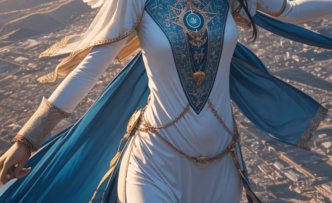 Женщина с длинными черными волосами и ангельскими крыльями, одетая в белое одеяние с голубыми элементами. Женщина с длинными черными волосами и ангельскими крыльями, одетая в белое одеяние с голубыми элементами.