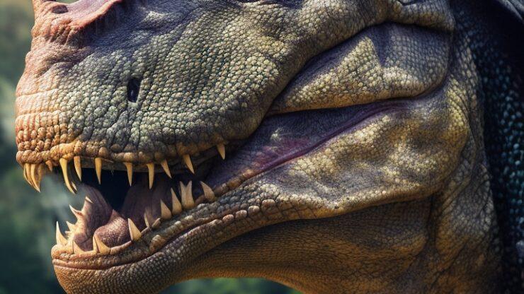Найден древнейший динозавр Голова динозавра с острыми зубами и детализированной текстурой кожи на фоне растительности.