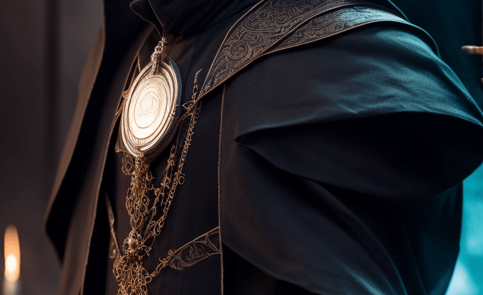Колдуны Мужчина в черном плаще с капюшоном, украшенном золотыми элементами, с загадочным выражением лица и светящимся амулетом.