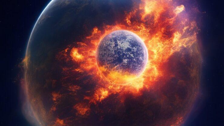 Конец света уже был Изображение планеты, окруженной огненными эффектами, символизирующее конец света.