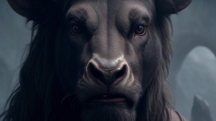 Минотавр - чудовище из лабиринта Мифическое существо с рогами и человеческим лицом, выражающее силу и загадочность, с детализированной шерстью и выразительными глазами.