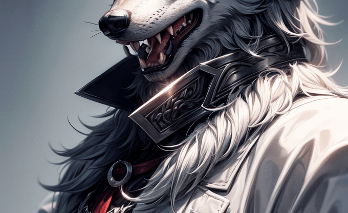 Серебряный ошейник оборотня Изображение мифического волка с человеческими чертами, одетого в белый костюм.