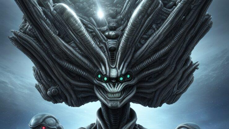 Прилетали ли инопланетяне к нашим предкам Изображение инопланетян с металлическими чертами и яркими глазами на фоне космоса.