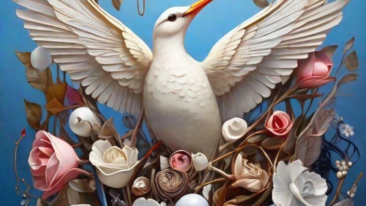 Вестники смерти Белая птица с раскрытыми крыльями на фоне с цветами и ветвями.