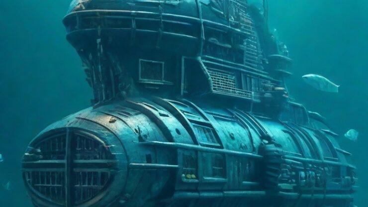 Загадка Атлантики Подводная лодка, плавающая на глубине океана среди рыб и водорослей.