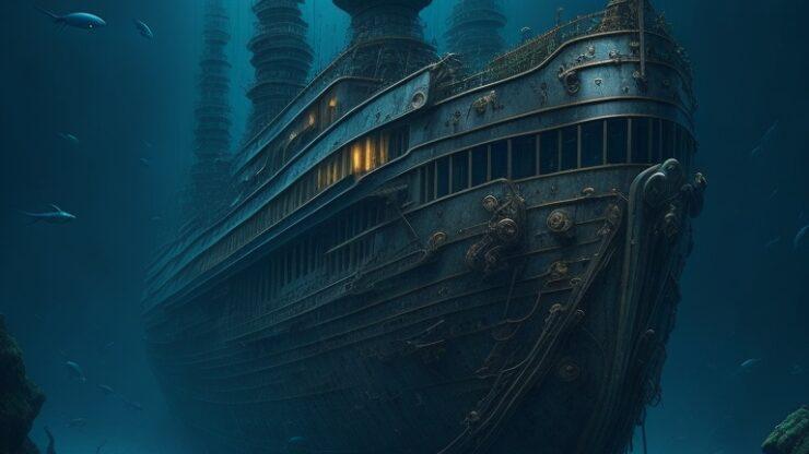 У побережья Панамы найдены сокровища на 50 млн. долларов Затонувший корабль с высокими мачтами на дне океана, окруженный морскими существами.