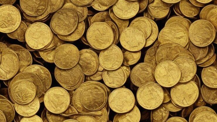 Клад парящих Товасоков Множество золотых монет, расположенных на поверхности в беспорядочном порядке.