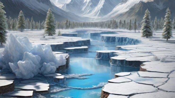 Конец света: прогнозы и сценарии. Часть 3. Глобальное потепление. Зимний пейзаж с ледяными горами и рекой, отражающей солнечный свет.