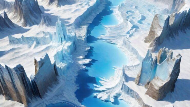 Аэроснимок ледникового пейзажа с голубыми водами и ледяными образованиями. Аэроснимок ледникового пейзажа с голубыми водами и ледяными образованиями.