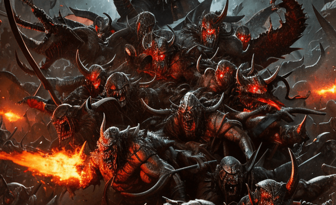 Армия тьмы Группа демонов с крыльями и оружием на фоне разрушенного города.