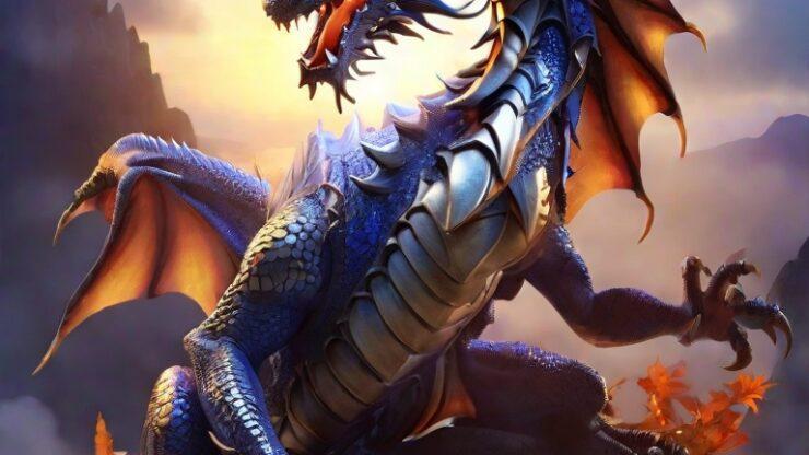 Синий дракон с острыми шипами и мощными крыльями, сидящий на скале среди осенних листьев, с ярким фоном. Синий дракон с острыми шипами и мощными крыльями, сидящий на скале среди осенних листьев, с ярким фоном.