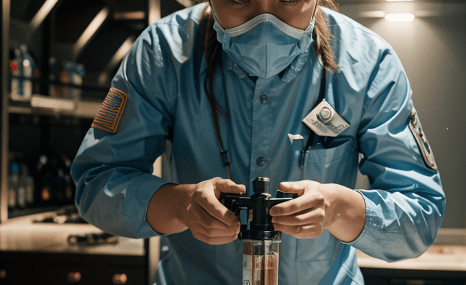 Женщина в синем лабораторном халате использует оборудование для анализа в лаборатории. Женщина в синем лабораторном халате использует оборудование для анализа в лаборатории.