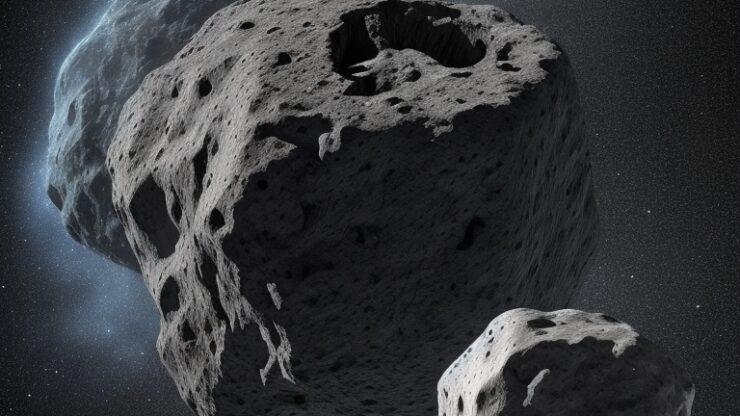 Конец света: прогнозы и сценарии.Часть 9. Бомбардировка из космоса. Три астероида разных размеров в космосе на фоне звездного неба и галактики.