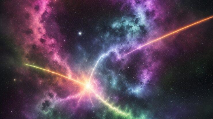 Конец света: прогнозы и сценарии. Часть 13. Гамма-всплеск. Яркое космическое изображение с галактиками и планетами на фоне звездного неба.