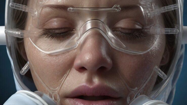 Конец света: прогнозы и сценарии. Часть 17. Глобальная пандемия. Женщина в защитной маске и костюме с фильтрами, закрывающими лицо.