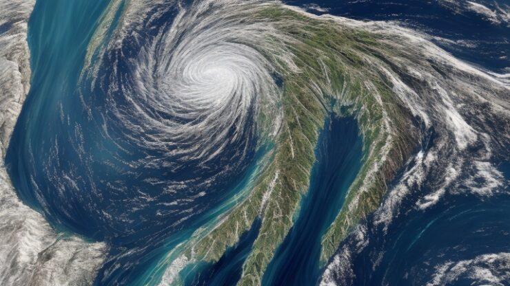Конец света: прогнозы и сценарии. Часть 8. Литосферный сдвиг. Изображение циклона, формирующегося над океаном с видимыми облаками и водными потоками.