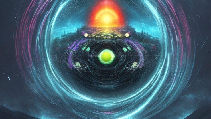 Абстрактное изображение с ярким солнцем и планетами в центре, окруженное световыми эффектами. Абстрактное изображение с ярким солнцем и планетами в центре, окруженное световыми эффектами.