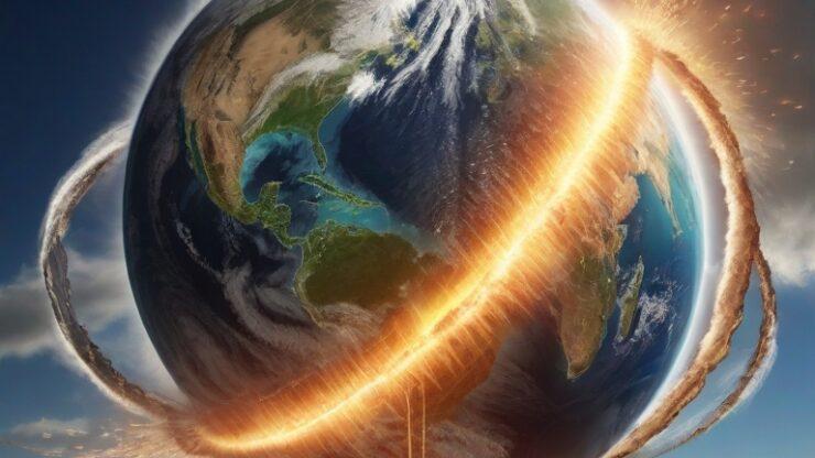 Конец света: прогнозы и сценарии. Часть 14. Ослабление магнитного поля. Изображение Земли с эффектами разрушения и ярким светом вокруг экватора.