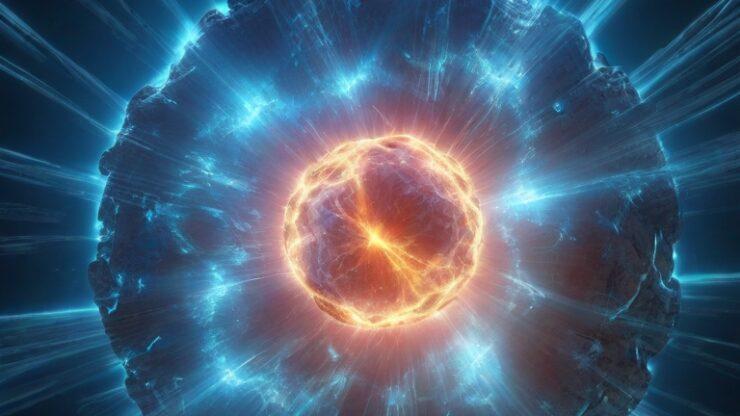 Конец света: прогнозы и сценарии. Часть 12. Вспышка сверхновой. Изображение сверхновой звезды с яркой вспышкой и светящимися лучами вокруг.