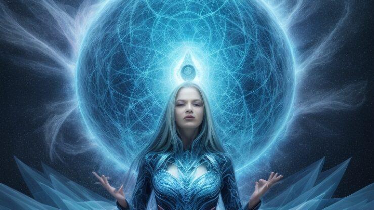 Вещие сны Футуристическая женщина в синем костюме с энергетическим шаром, окруженная световыми эффектами и абстрактными формами.