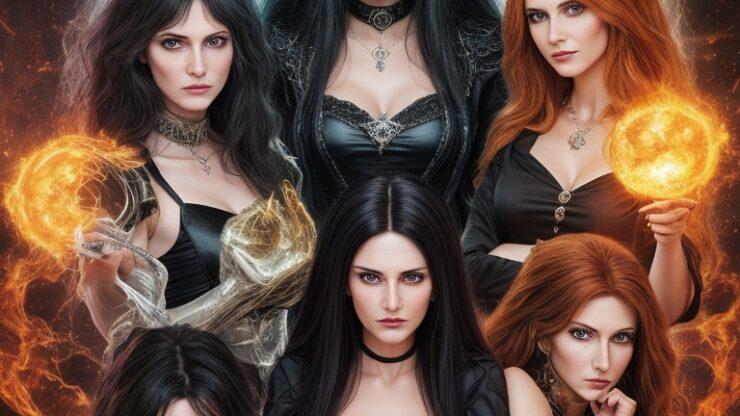 Властительницы основных элементов Изображение шести колдунь с магическими шарами, каждая с уникальным стилем и цветом волос, создающих атмосферу магии.