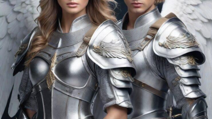 Волшебное воинство Два воина в серебряных доспехах с крыльями, стоящие рядом друг с другом.