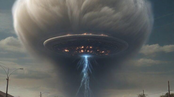 Возможно ли нападение инопланетян на Землю Изображение НЛО, парящего над дорогой, с мотоциклом на переднем плане и облаками на фоне, создающее атмосферу загадки.