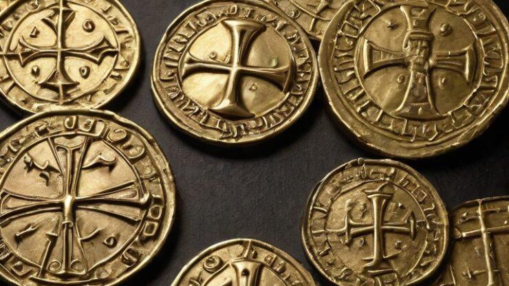 Золото Тамплиеров Золотые монеты с изображением крестов и символами, коллекционные предметы, антиквариат, исторические артефакты.