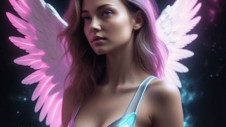 Творение небесного: Как ИИ создает уникальные образы ангелов. Изображение ангела с крыльями и светящимся костюмом, фоновая галактика, фэнтезийный стиль.