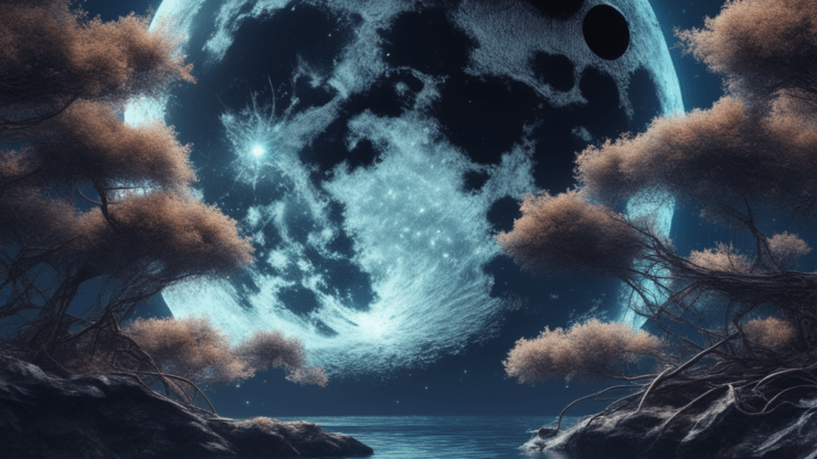 Лунные мечты: искусственный интеллект находит красоту в ночном свете. Лунный пейзаж с яркой полной луной и деревьями на берегу водоема, отражение луны в воде.
